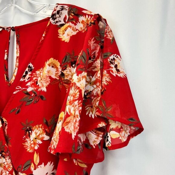 Maurices Womens A Line Dress Red Multicolor Floral Faux Wrap Short Sleeve S - Picture 5 of 10